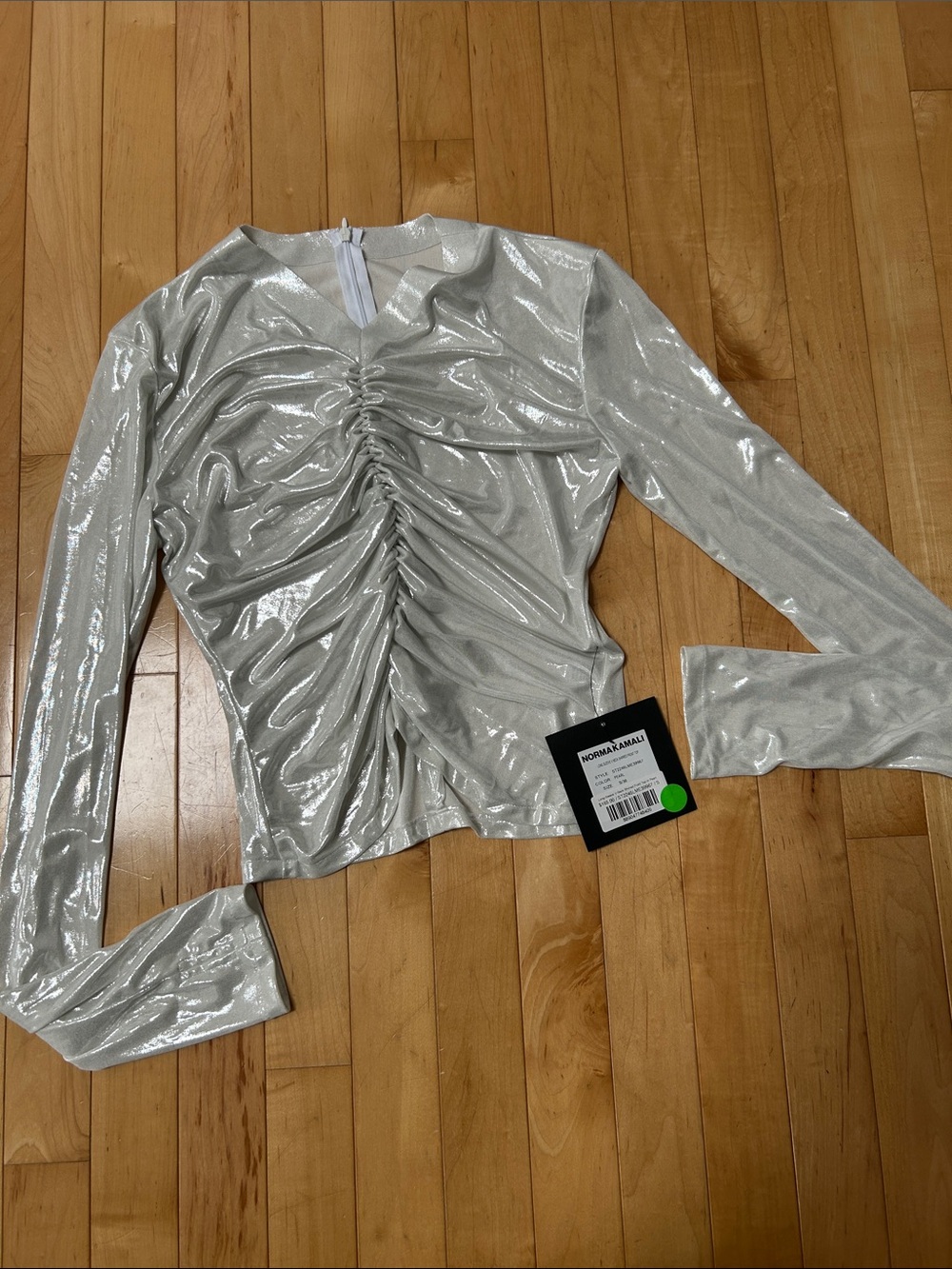 NWT Norma Kamali Silver Ruched Long-Sleeve Top